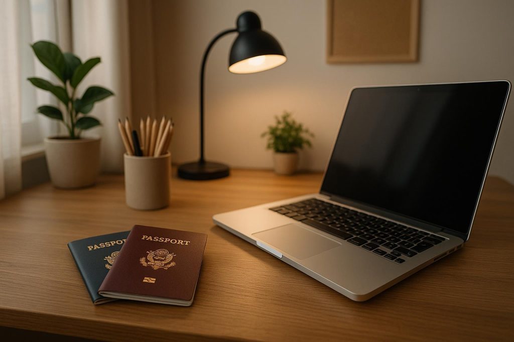 Laptop and passports on a desk, illustrating cross-border living for expat tax purposes.