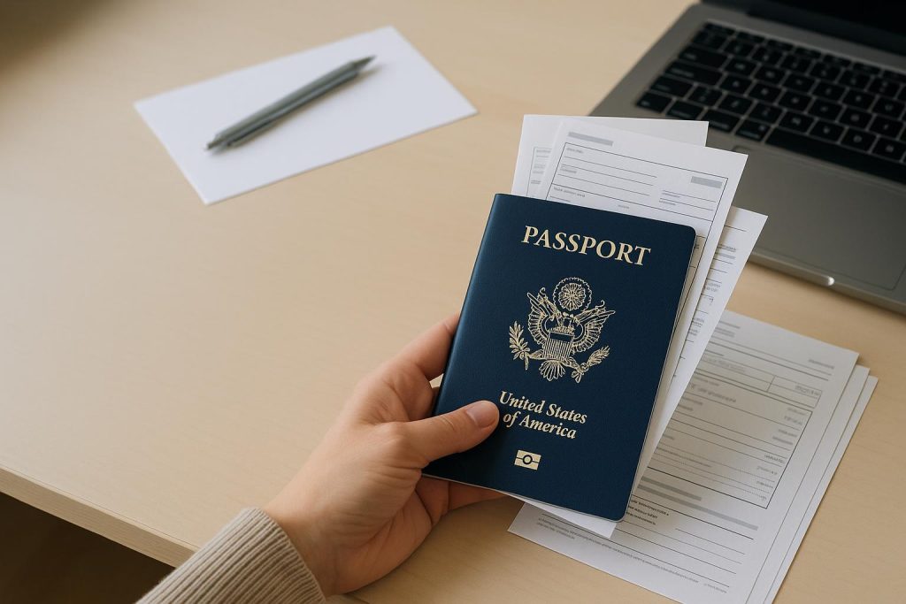 Person holding a US passport and tax papers, reflecting deadlines for Americans living abroad.