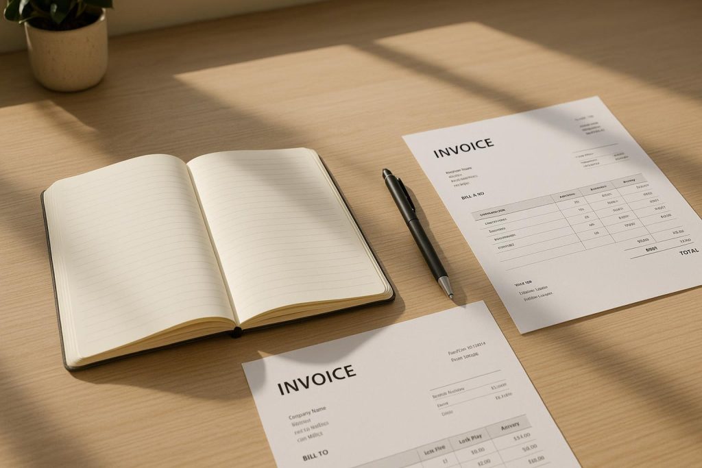Desk with open notebook, pen, and business receipts referencing business taxes for GST registration.