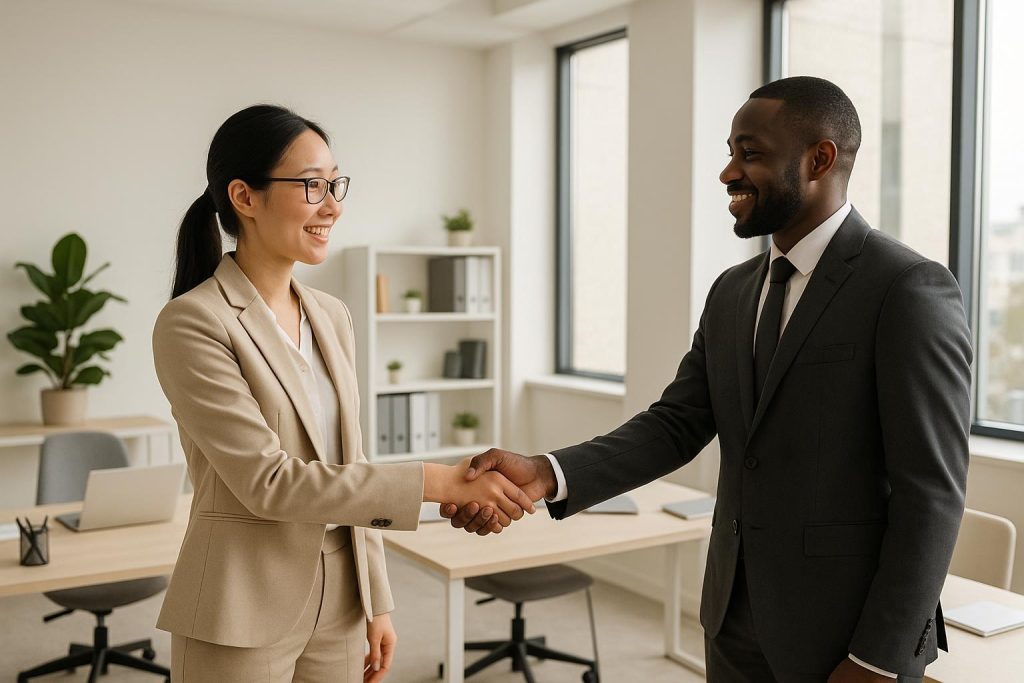 Two business professionals shaking hands in a modern setting, reflecting how a Canadian corporation can do business in the USA.