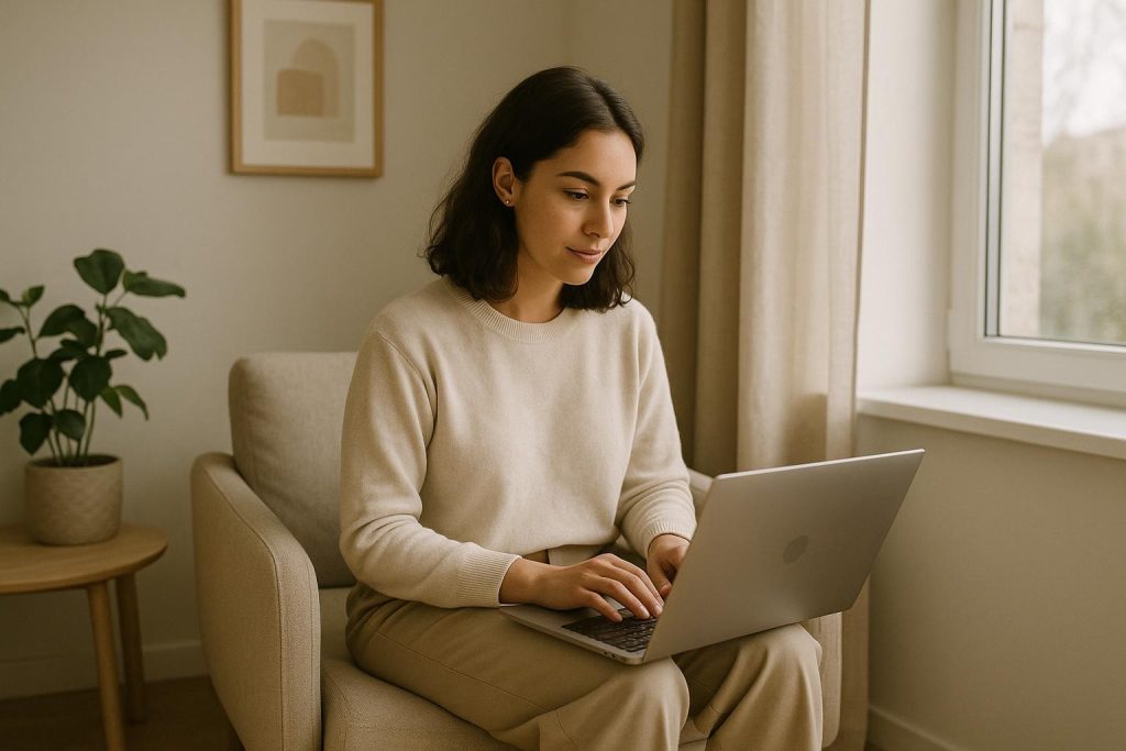 Person in a bright living room on a laptop, representing cross-border tax residency.
