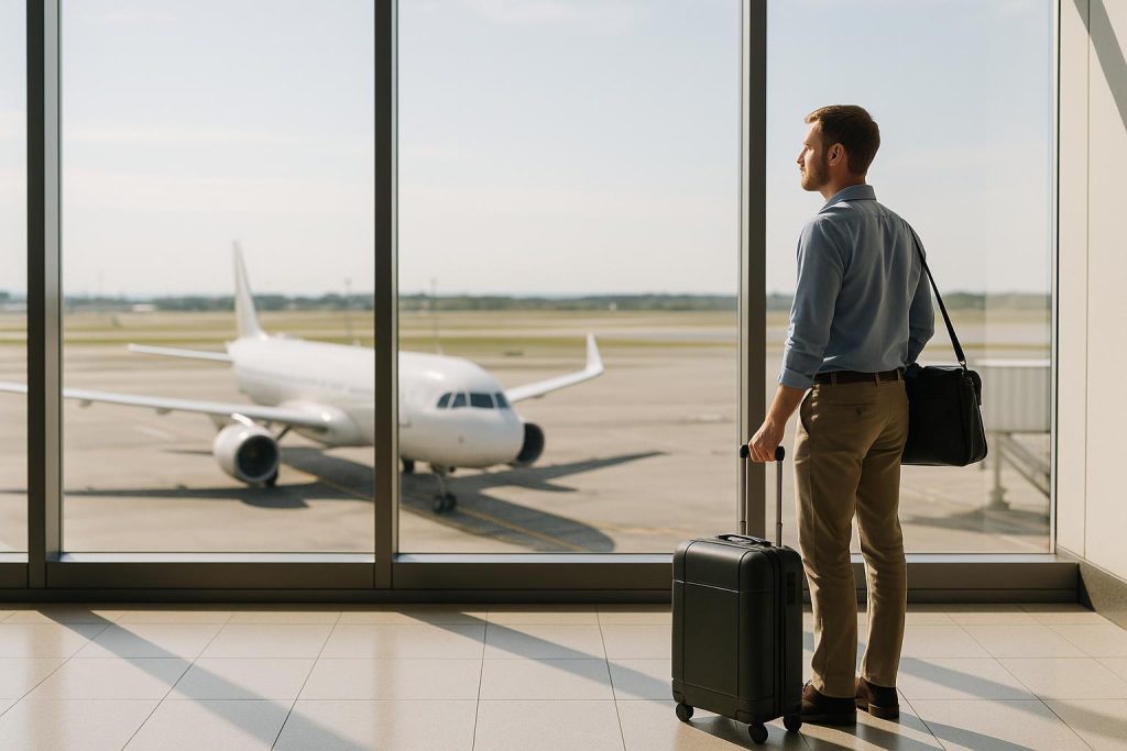 Traveler at airport window reflecting on US residency while living abroad.