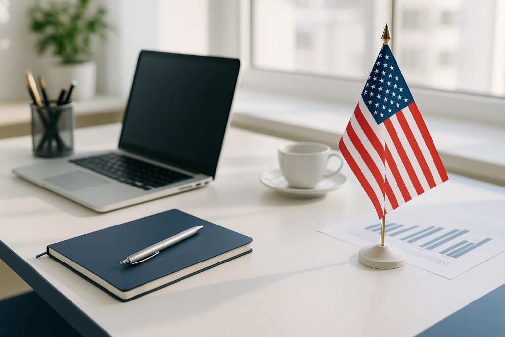 Modern desk with a small US flag symbolizing cross-border tax for a Canadian business.