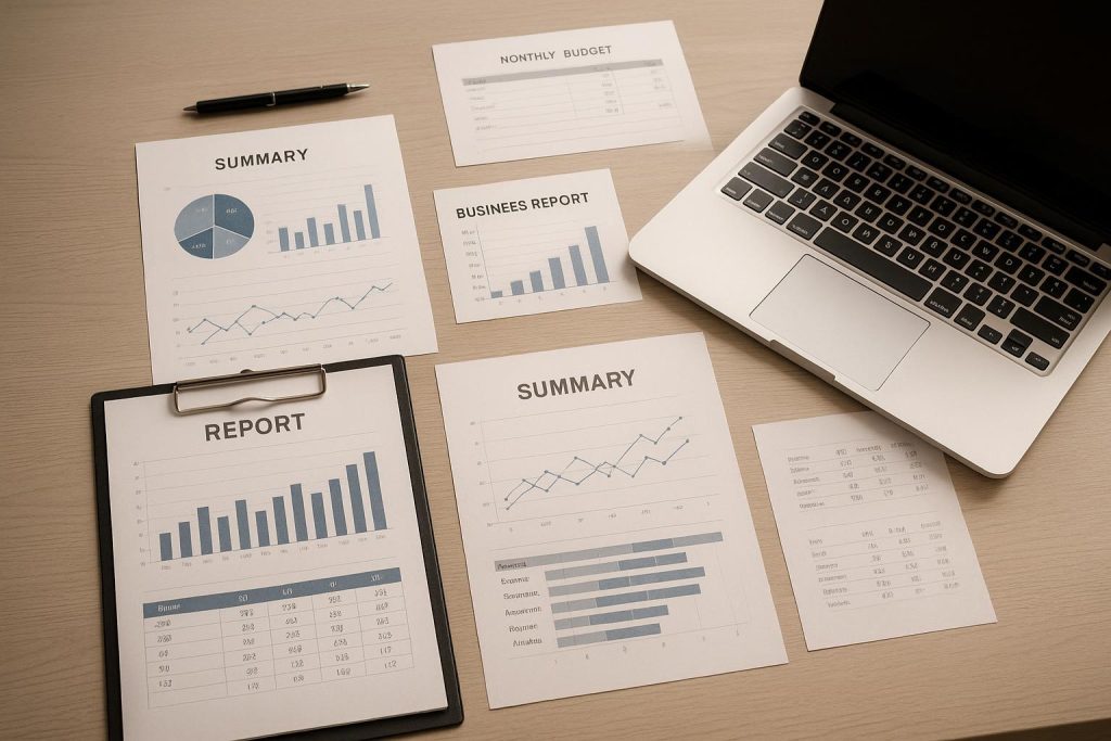 Multiple business documents on a desk, representing managing multiple ventures under one company for business taxes.