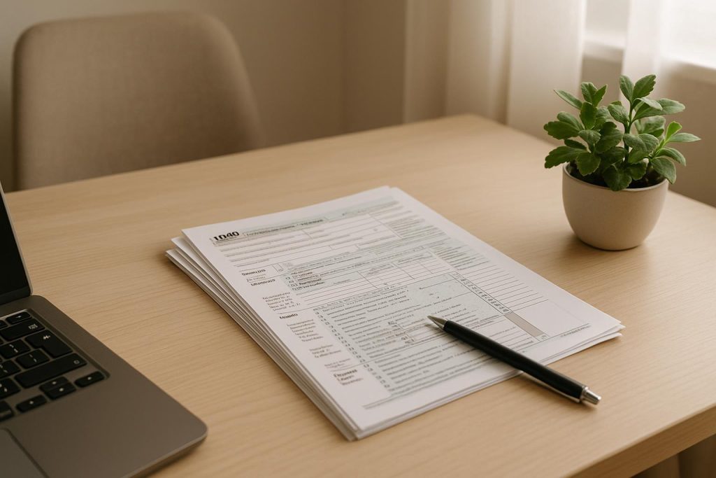 Stack of paperwork and a pen on a desk depicting cross-border taxes.
