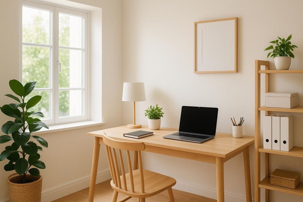 Self-employed person at a home office desk organizing Canadian taxes on a laptop.