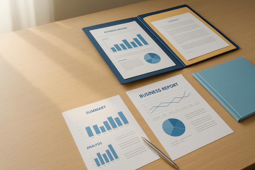 Modern desk with papers and folders representing Canadian taxes for businesses.