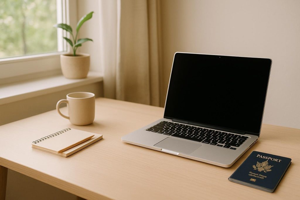 Laptop and US passport on a desk, indicating expat tax filing requirements.