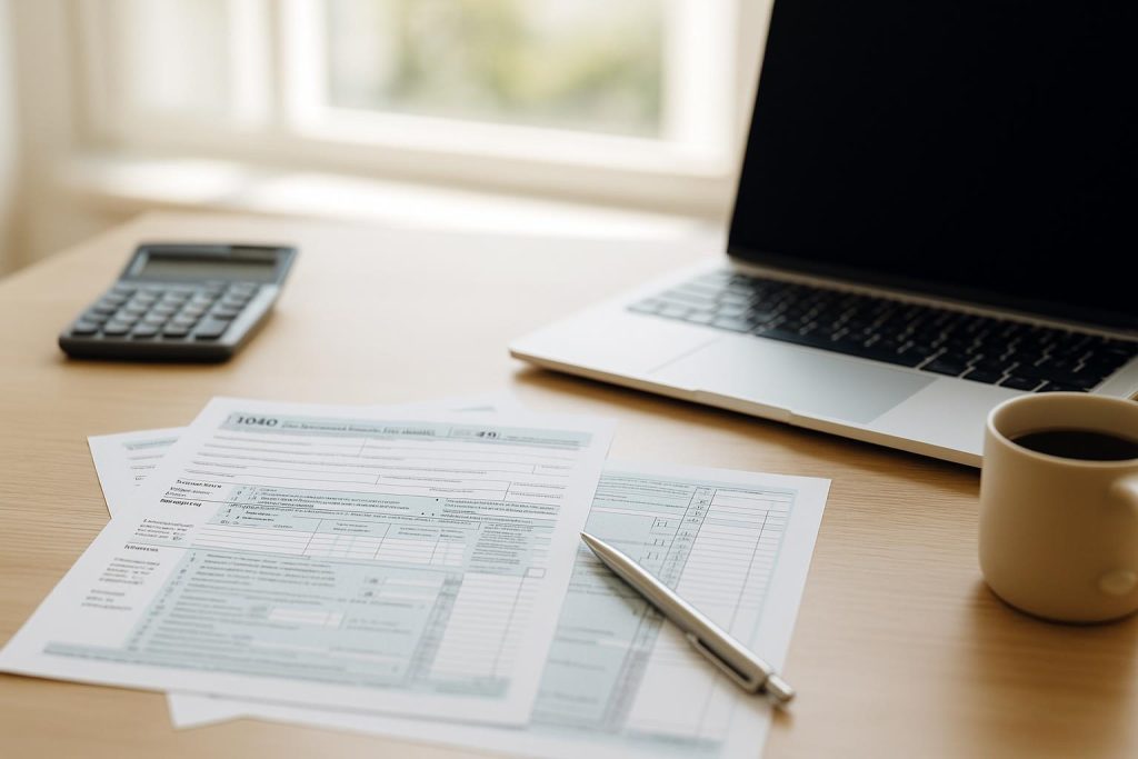 Office desk with business tax documents and a laptop, illustrating ways to lower corporation tax.
