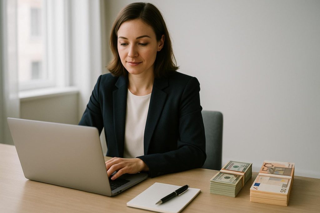 Professional at a desk with two sets of currency symbolizing double taxation.