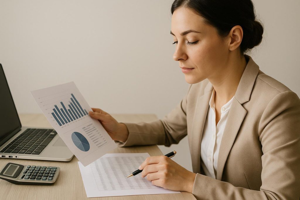 Professional reviewing tax paperwork at a desk to help minimize double taxation.