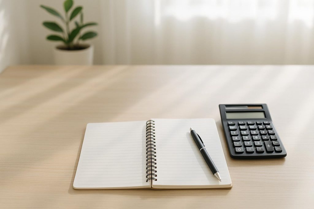 Desk surface with calculator, pen, and open notebook referencing double taxation.