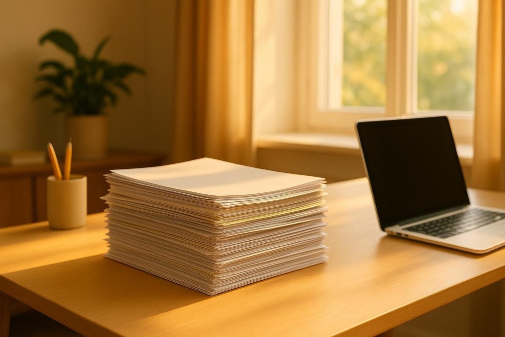 A warm office desk with papers and a laptop, symbolizing cross-border taxes for US expats.