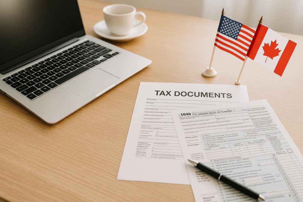 Desk scene with flags and documents illustrating cross-border tax residency.