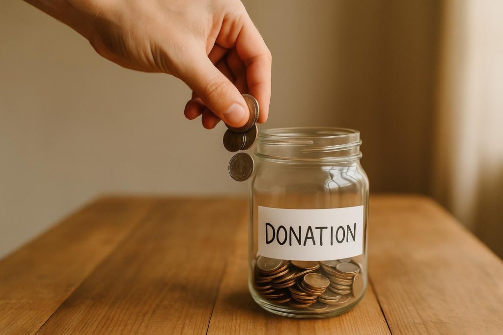 Hand placing coins in a jar symbolizing donation tax credit in Canada.