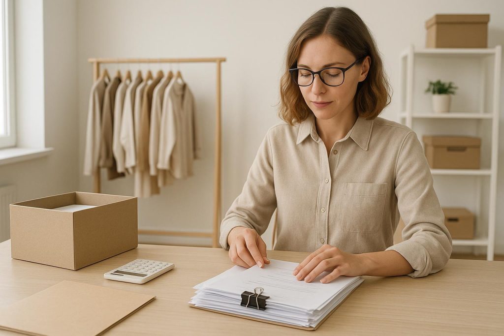 Small business owner reviewing paperwork for Canadian taxes.