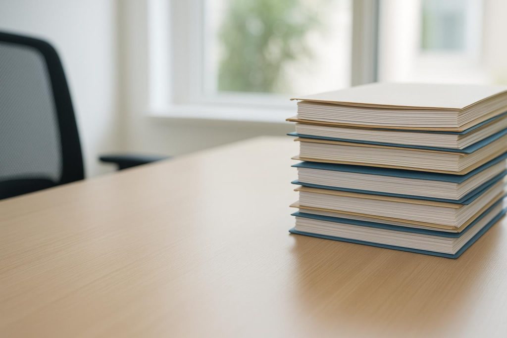 Neatly stacked folders on an office desk symbolizing record retention for business taxes.