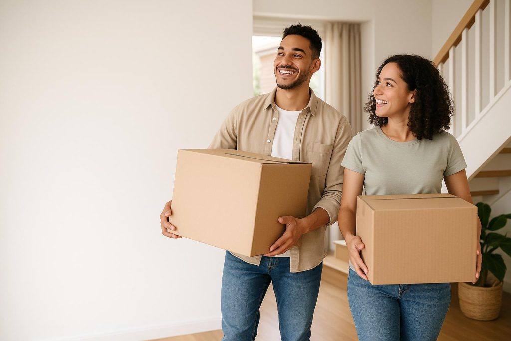 Couple carrying moving boxes, reflecting Canadian taxes when relocating.