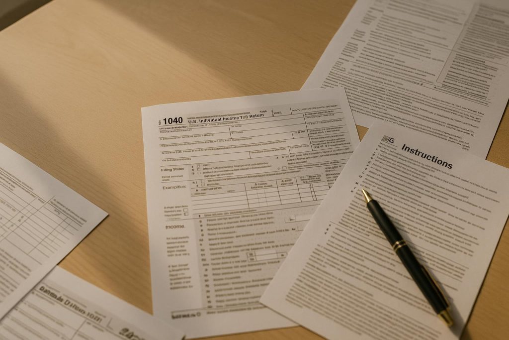Desk with scattered tax papers and pen referencing common tax mistakes.