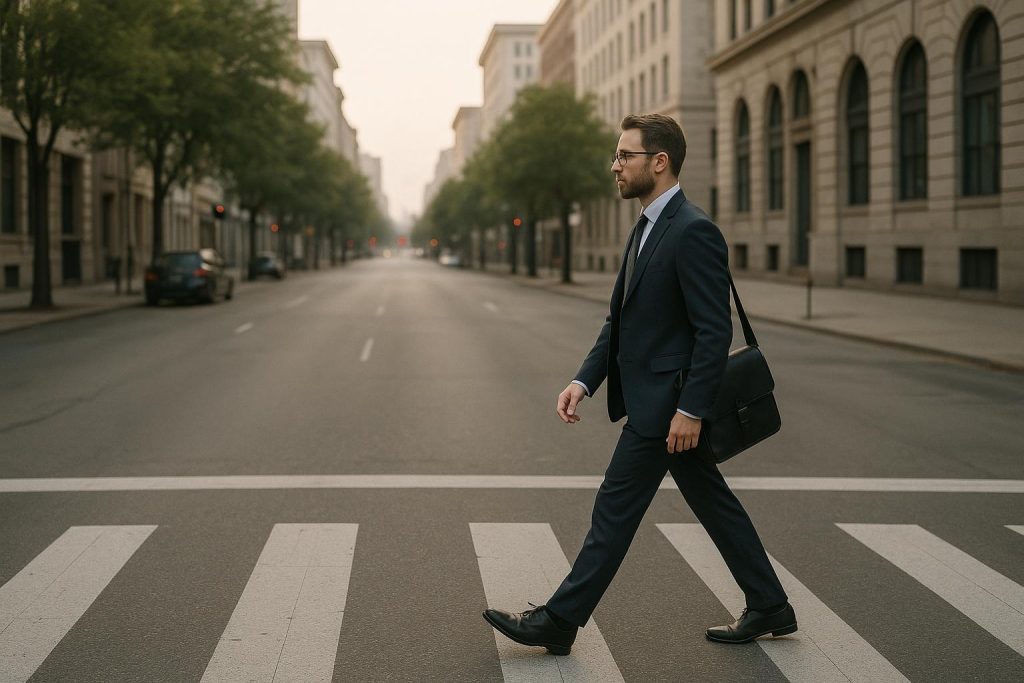 Early-morning commuter in business attire crossing city street, relevant to tax credits.