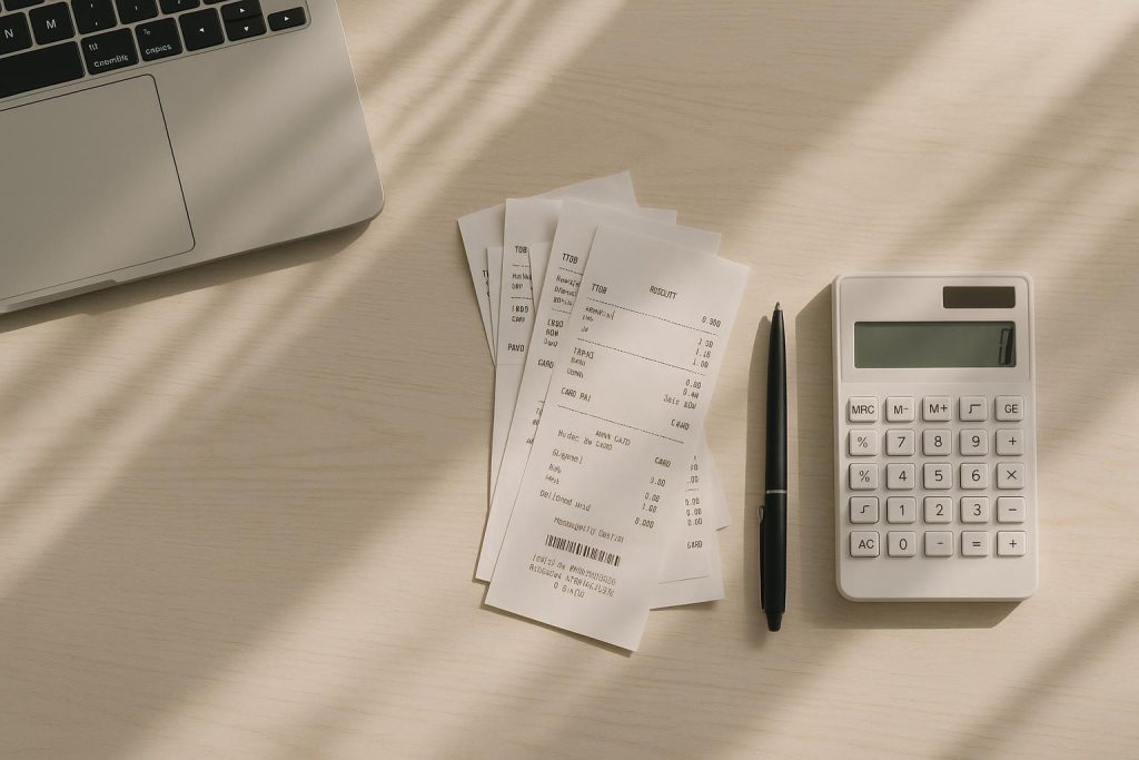 Organized receipts on a desk for Canadian tax preparation.