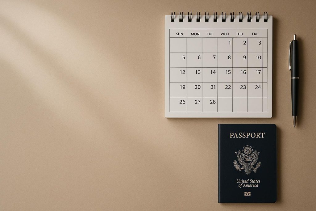 Desk with a calendar, pen, and passport referencing deadlines for US taxes abroad.