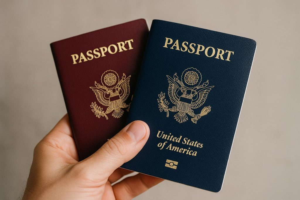Close-up of a hand holding two passports, representing tax rules for dual citizenship.