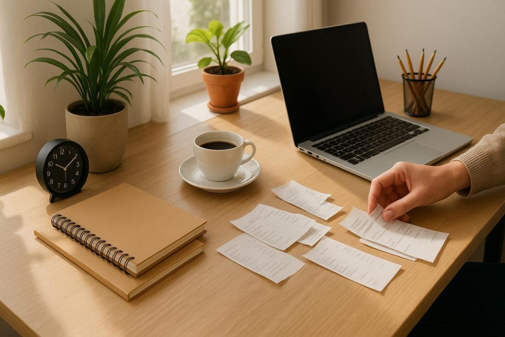 Small business owner sorting receipts for tax services deductions.