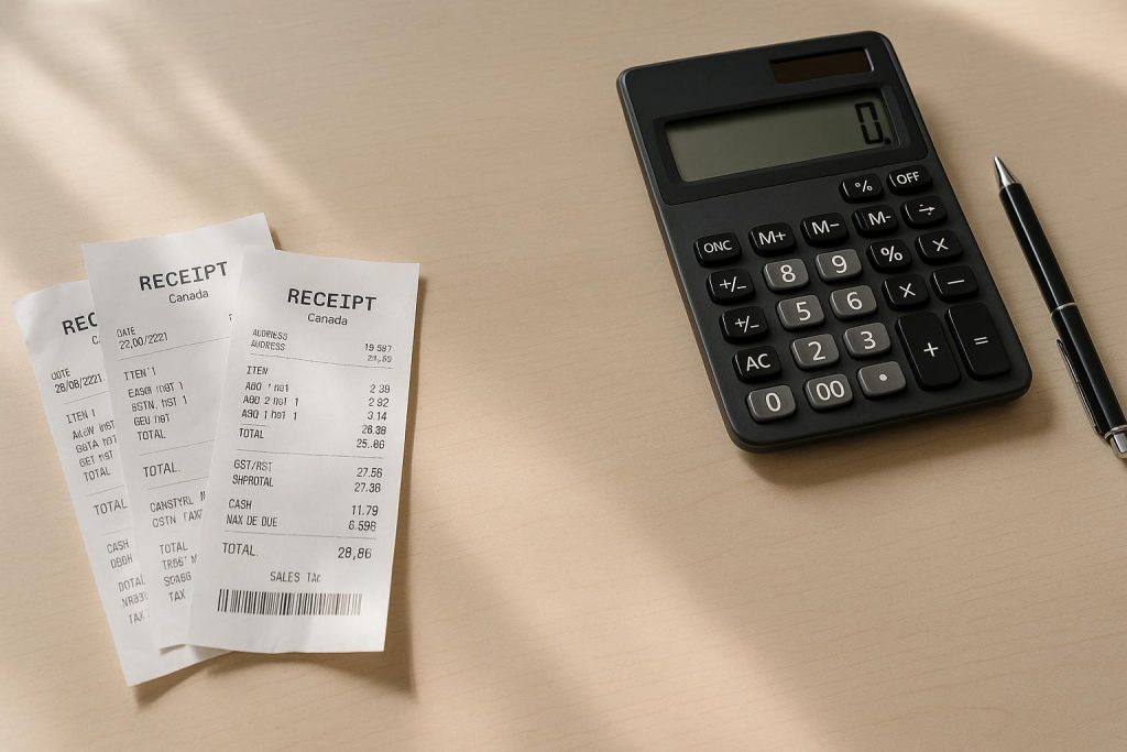 Organized desk items related to Canadian tax expenses with a calculator and receipts.
