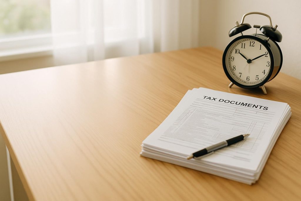 Desk with a clock and scattered papers indicating a missed due date for personal taxes.