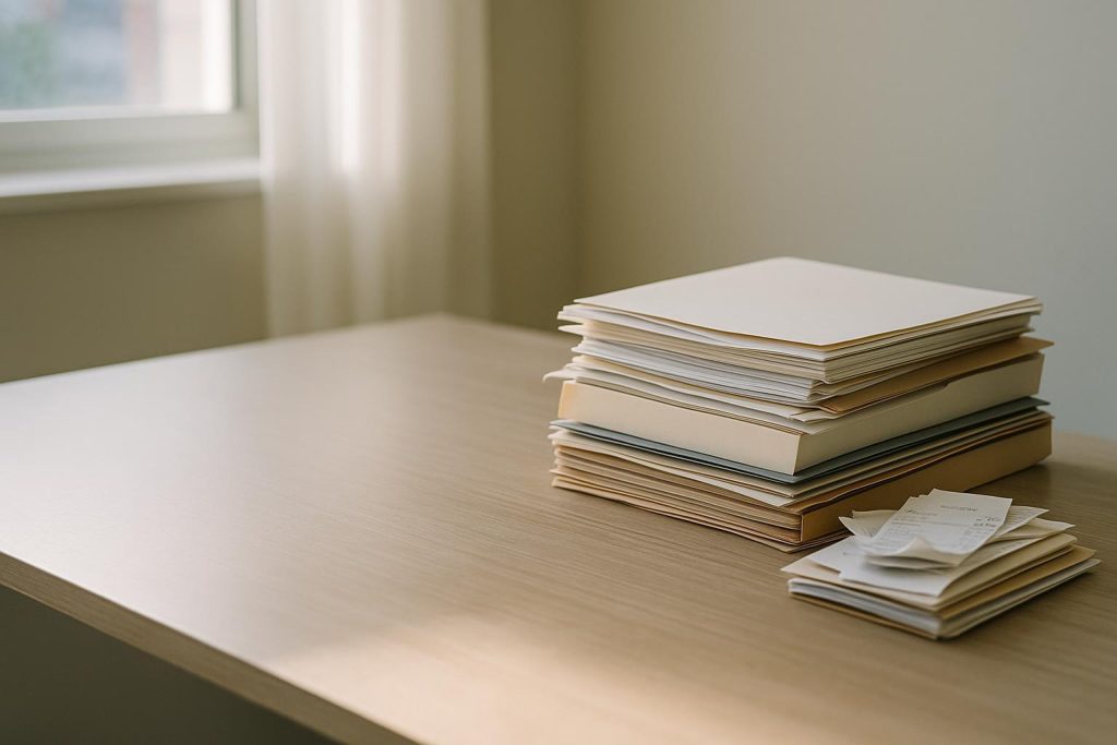 Hands tidying financial papers on a well-lit desk for cross border taxes.