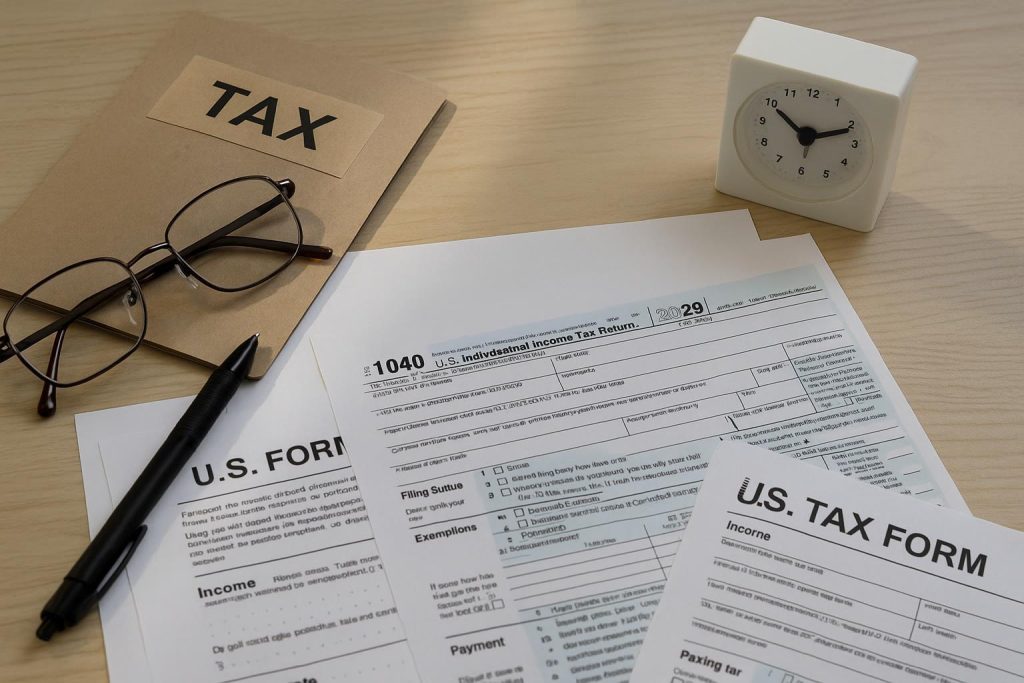Desk with tax papers and a clock, symbolizing a looming tax deadline.