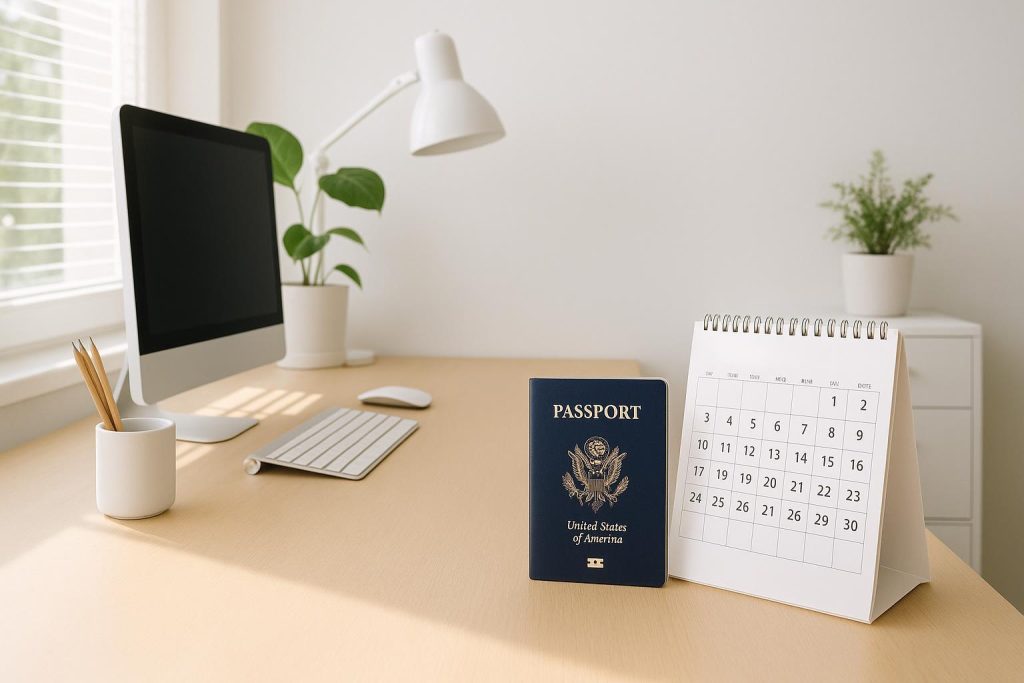 A desk with an American passport beside a calendar, illustrating expat taxes.
