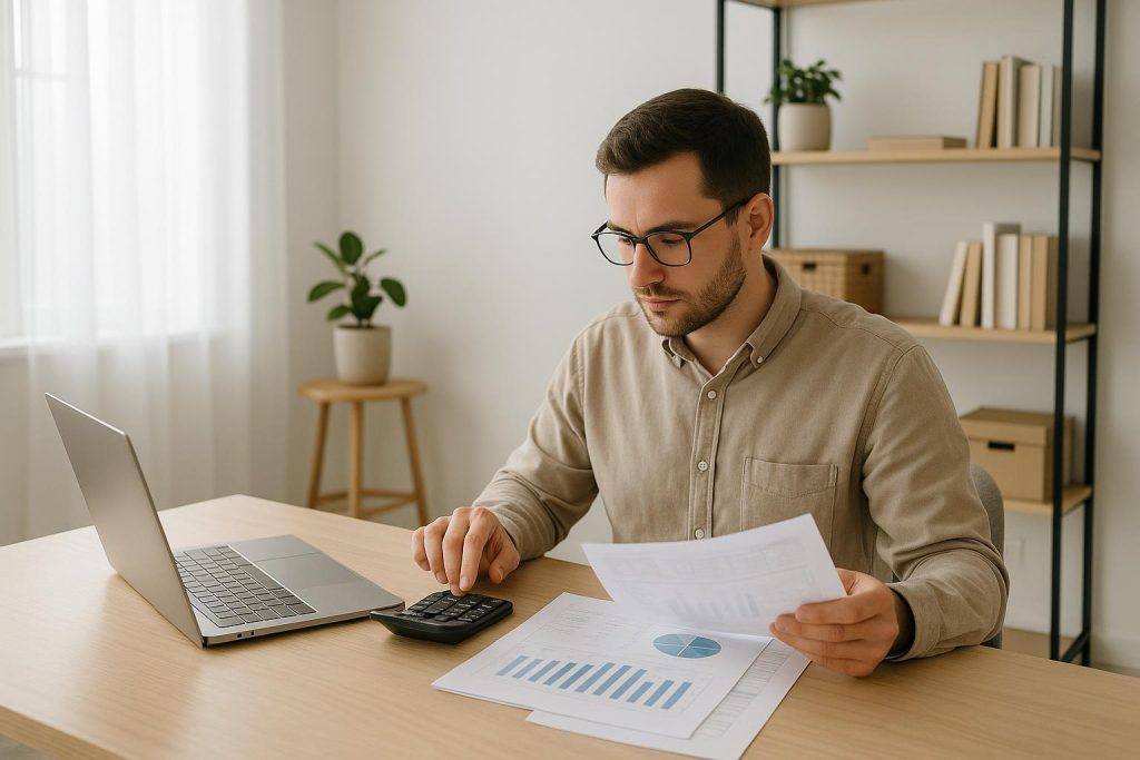 Person reviewing paperwork in a light-filled office, representing Canadian taxes.