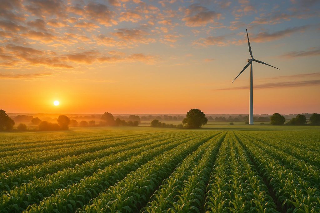 Farmland with a wind turbine, representing climate action and Canadian tax credits.