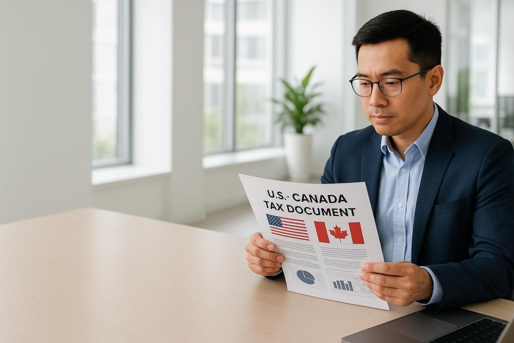 Professional analyzing US-Canada financial documents for tax services Edmonton.