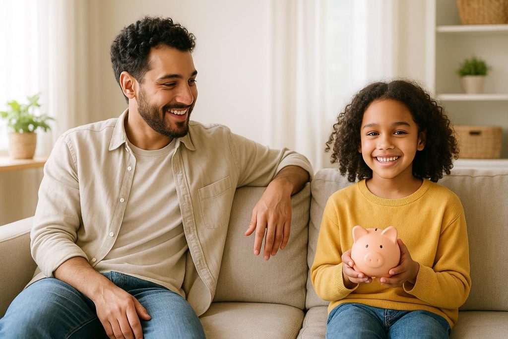 Parent and child with a piggy bank at home discussing child tax credits.
