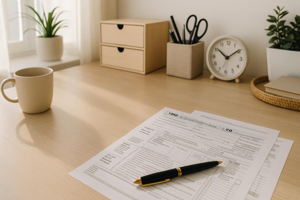 Neatly arranged desk with papers and pen referencing tax credits in the US.